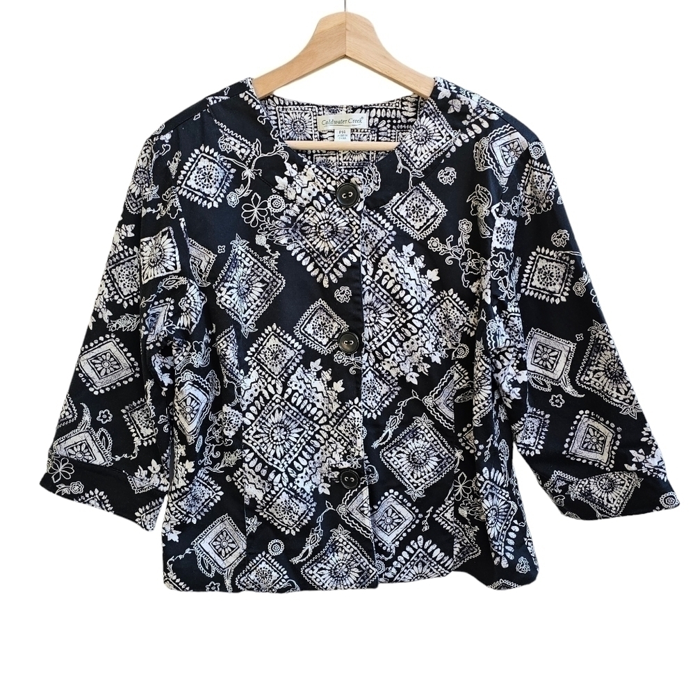 Coldwater Creek Retro Style Jacket with Black and White Pattern, Size 14P